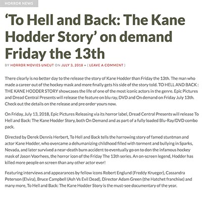 ‘To Hell and Back: The Kane Hodder Story’ on demand Friday the 13th